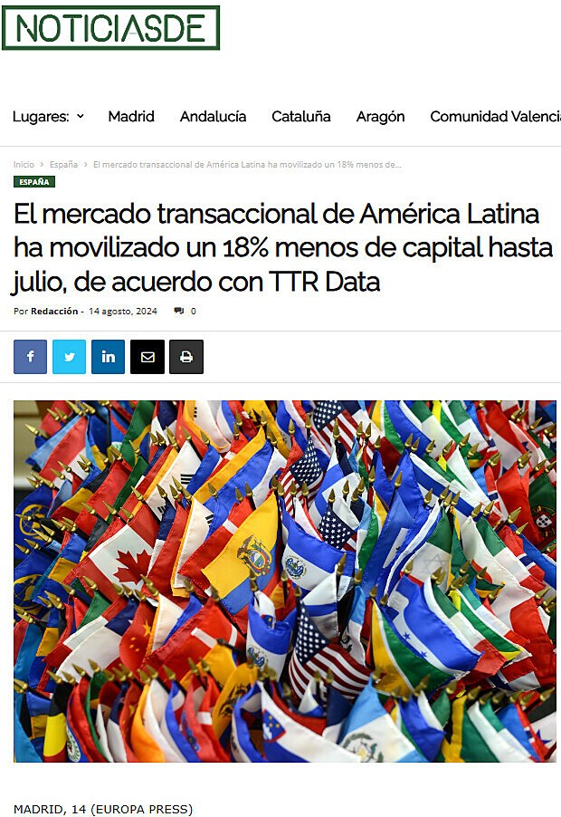 El mercado transaccional de Amrica Latina ha movilizado un 18% menos de capital hasta julio, de acuerdo con TTR Data